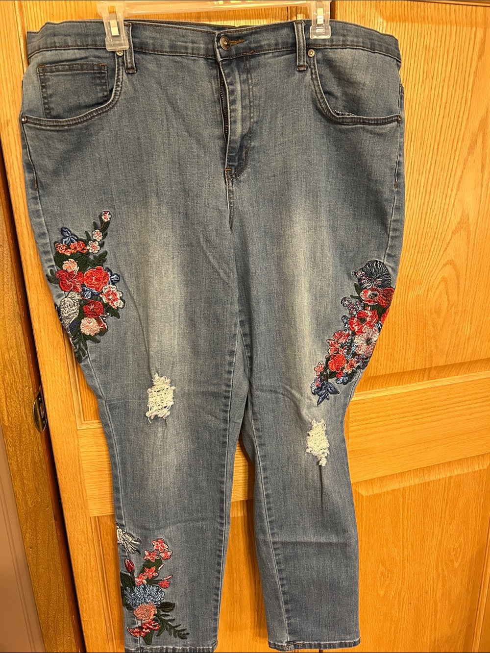 VENUS Blue Skinny Jeans with Red & Pink Floral Embroidery